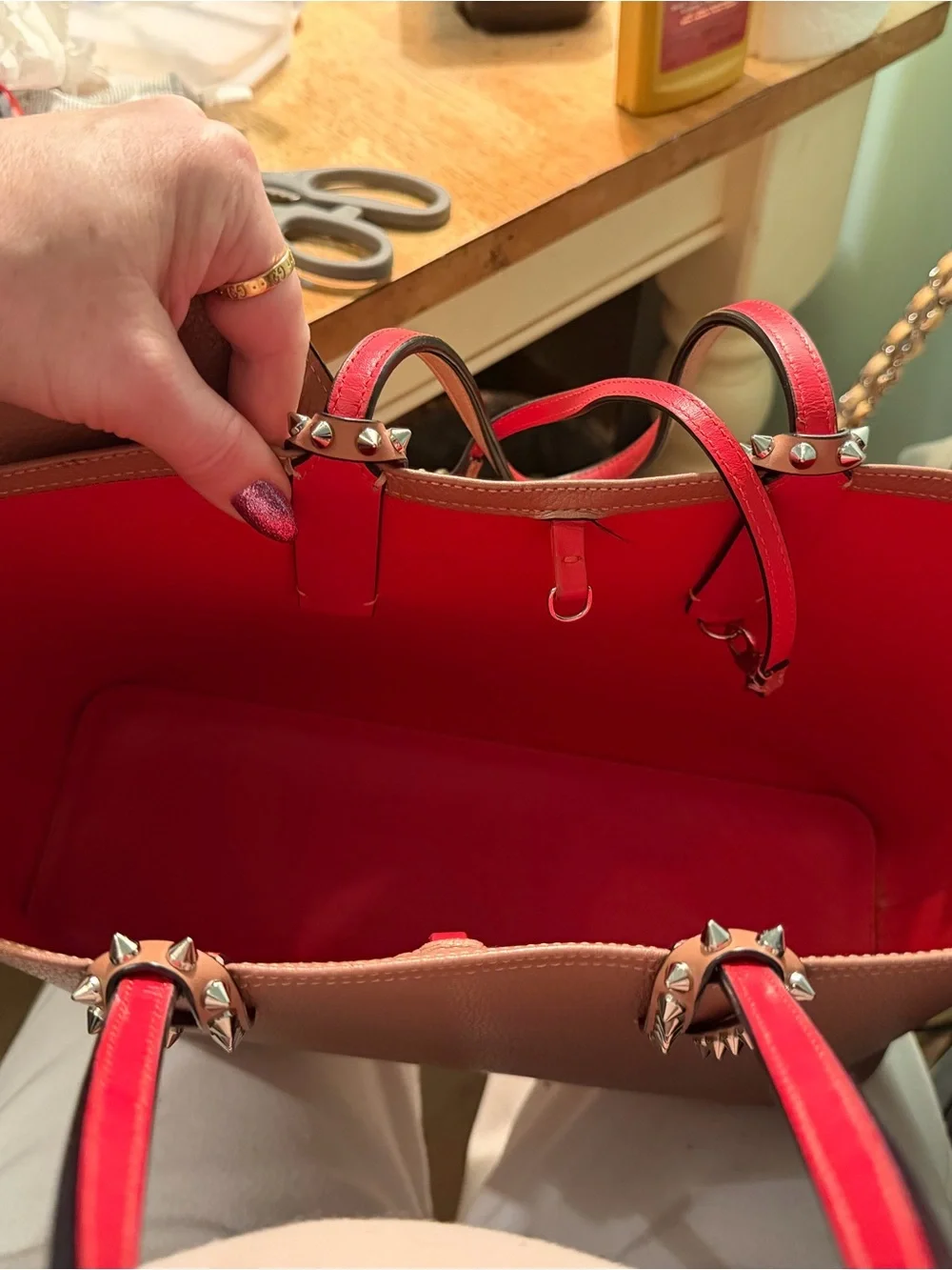 Christian Louboutin Brown Stud-Trim Leather Tote with Red Base - Picture 7 of 10